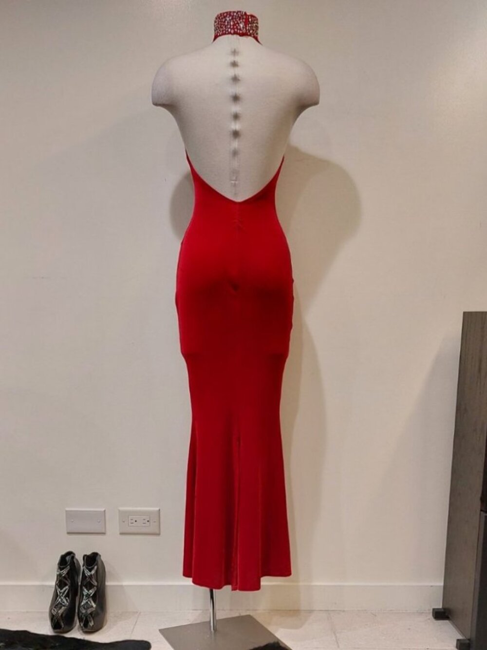 π₯SHOWSTOPPER!π₯VTG Velvet/ Rhinestones/ Mesh Bodycon Maxi Dress in Red - Picture 5 of 16